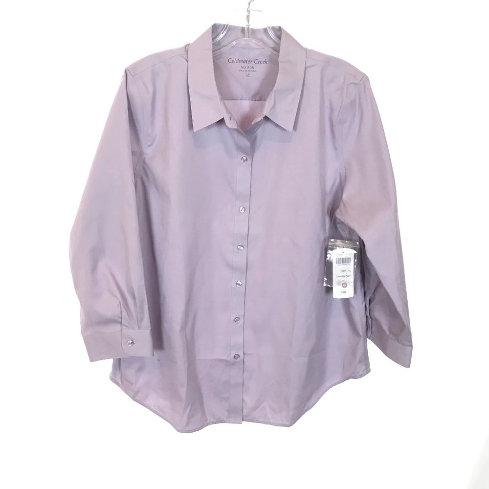 NWT Womens Size 14 Coldwater Creek Purple No-Iron 3/4-Sleeve Button Front Shirt